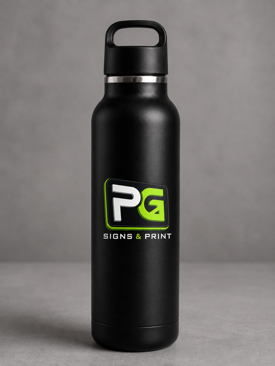 Black insulated water bottle branded with the PG Signs & Print logo
